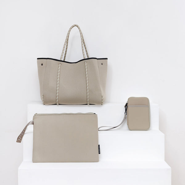 TAUPE TRAVEL SET: EVERYDAY TOTE + LAPTOP SLEEVE + PASSPORT WALLET