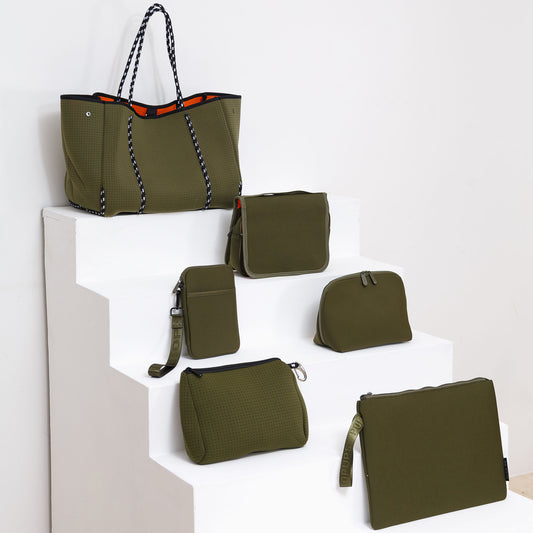 SAFARI GREEN EVERYTHING SET: EVERYDAY TOTE + LAPTOP SLEEVE + TOILETRY BAG + PASSPORT WALLET + ESSENTIAL POUCH + MAKEUP POUCH