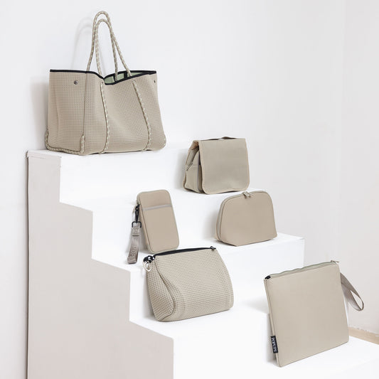 TAUPE EVERYTHING SET: EVERYDAY TOTE + LAPTOP SLEEVE + TOILETRY BAG + PASSPORT WALLET + ESSENTIAL POUCH + MAKEUP POUCH