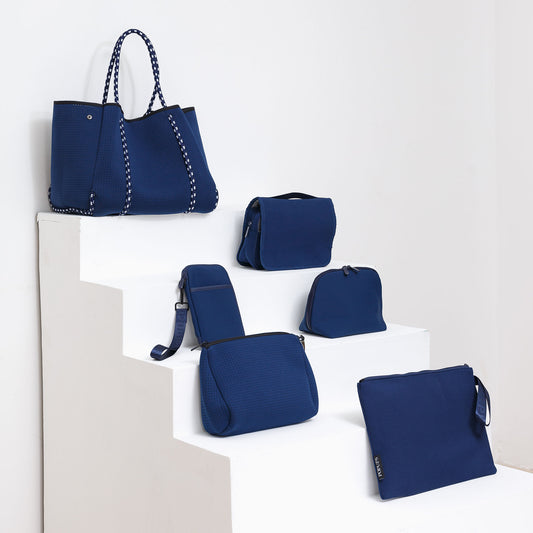 DEEP BLUE EVERYTHING SET: EVERYDAY TOTE + LAPTOP SLEEVE + TOILETRY BAG + PASSPORT WALLET + ESSENTIAL POUCH + MAKEUP POUCH