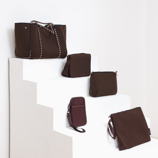 ESPRESSO EVERYTHING SET: EVERYDAY TOTE + LAPTOP SLEEVE + TOILETRY BAG + PASSPORT WALLET + ESSENTIAL POUCH + MAKEUP POUCH