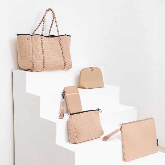 TAN EVERYTHING SET: EVERYDAY TOTE + LAPTOP SLEEVE + TOILETRY BAG + PASSPORT WALLET + ESSENTIAL POUCH + MAKEUP POUCH