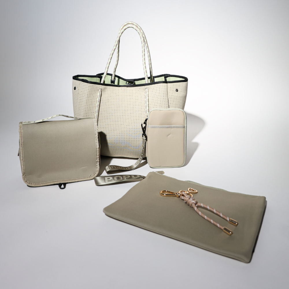TAUPE SET: EVERYDAY TOTE + LAPTOP SLEEVE + TOILETRY BAG + PASSPORT WALLET + KEY CHAIN