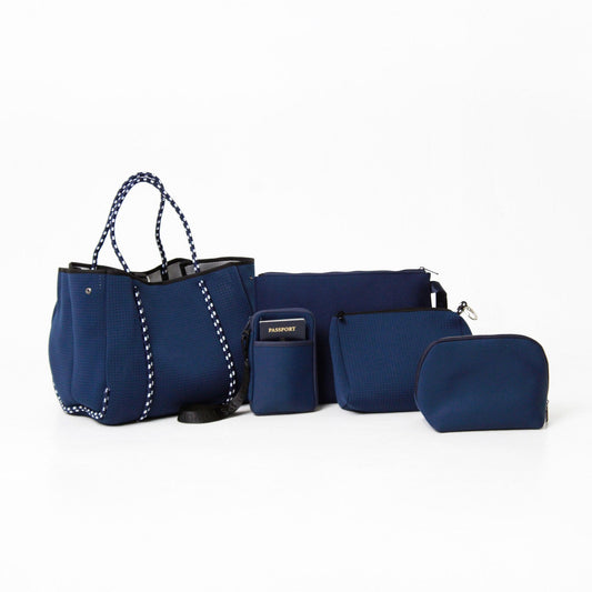 DEEP BLUE SET: EVERYDAY TOTE + OVERSIZED WRISTLET POUCH + ESSENTIAL POUCH + MAKEUP POUCH SET + PASSPORT WALLET