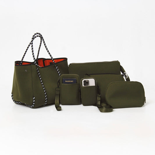 SAFARI GREEN SET: EVERYDAY TOTE + OVERSIZED WRISTLET POUCH + ESSENTIAL POUCH + MAKEUP POUCH SET + PASSPORT WALLET + PHONE BAG