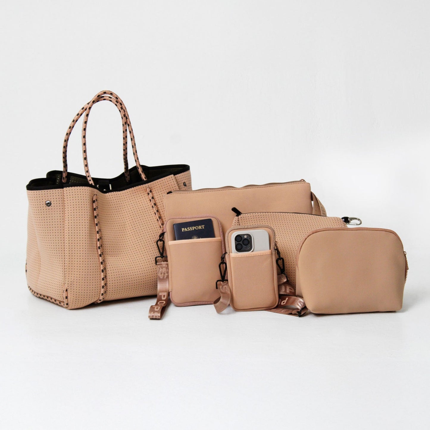 TAN SET: EVERYDAY TOTE + OVERSIZED WRISTLET POUCH + ESSENTIAL POUCH + MAKEUP POUCH SET + PASSPORT WALLET + PHONE BAG