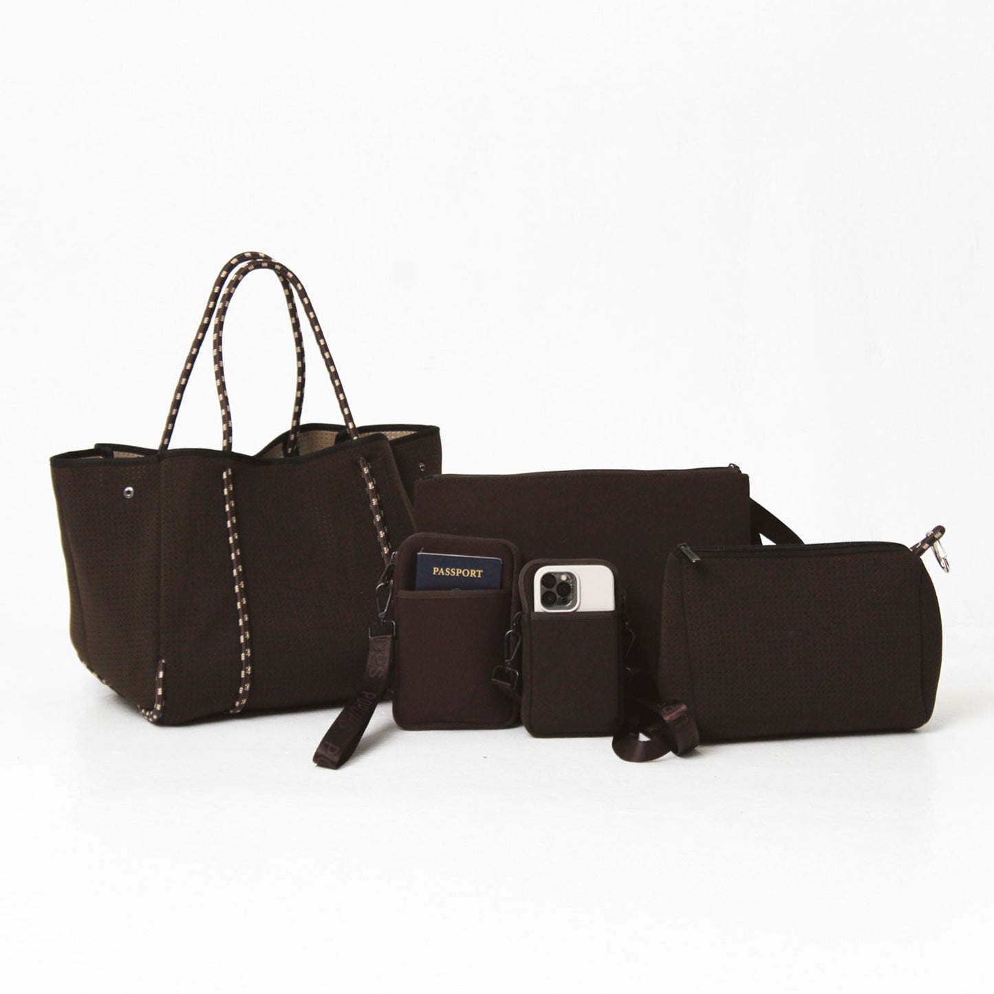 ESPRESSO SET: EVERYDAY TOTE + OVERSIZED WRISTLET POUCH + ESSENTIAL POUCH + PASSPORT WALLET + PHONE BAG