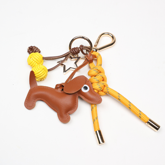 KEY CHAIN MUSTARD WITH CHARMS - BROWN DOG AND YELLOW CHERRIES