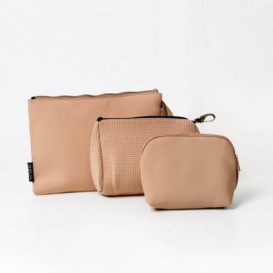 TAN SET: OVERSIZED WRISTLET POUCH + ESSENTIAL POUCH + MAKEUP POUCH SET