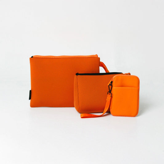 BURNT ORANGE SET: OVERSIZED WRISTLET POUCH + ESSENTIAL POUCH + PASSPORT WALLET